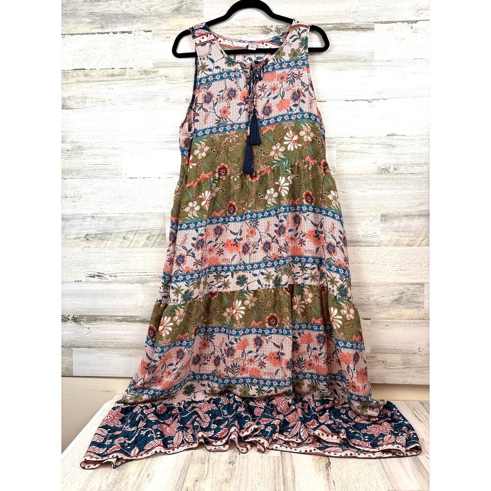 Kaktus Olive Green and Navy Floral Midi Dress